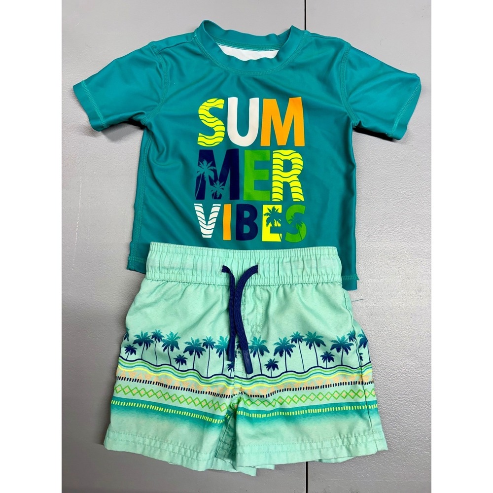 Wave Zone Boys 12M Summer Vibes Rash Guard and Swim Trunks Set Teal Green